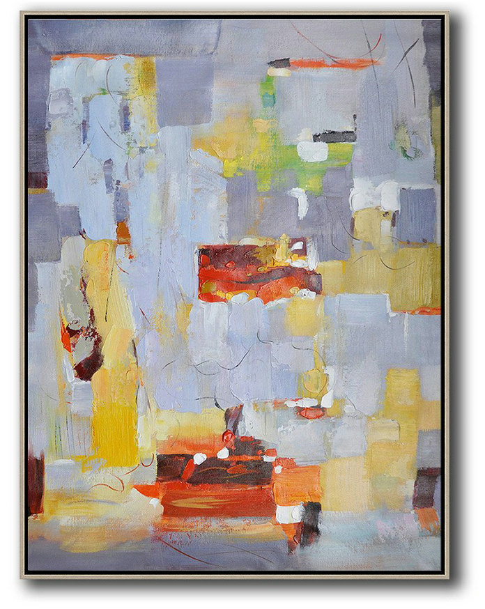 Huge Canvas Art On Canvas,Vertical Palette Knife Contemporary Art,Original Art,Purple Grey,Red,Yellow.etc
